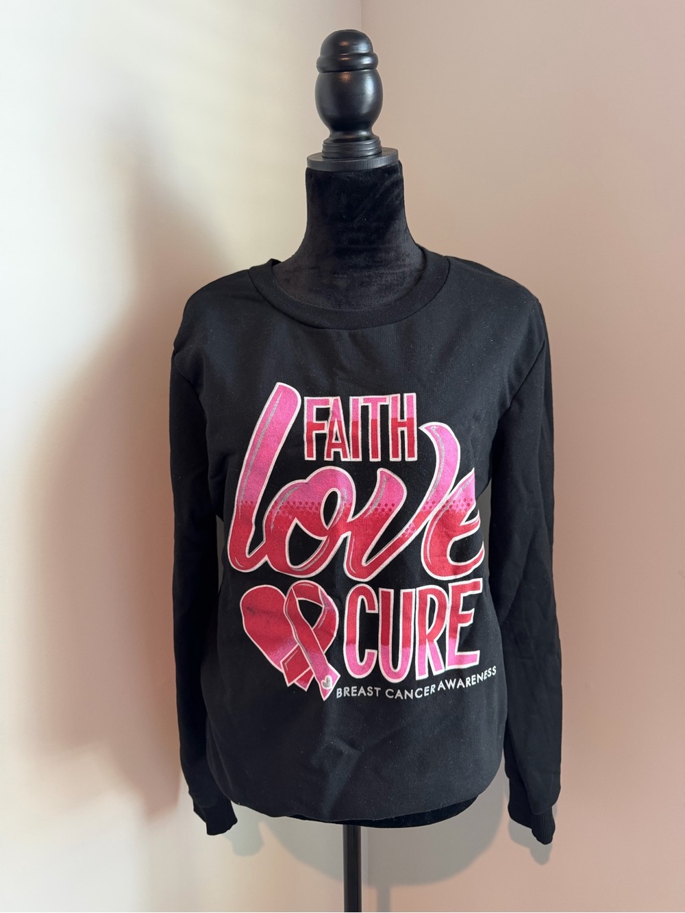 Faith Love Cure Breast Cancer Awareness Kids Long-Sleeve Tee - Black & Pink